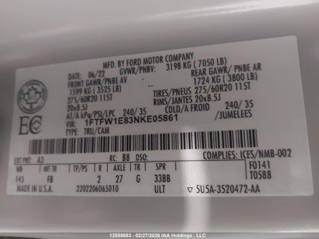 1FTFW1E83NKE05861 Ford F150 Supercrew