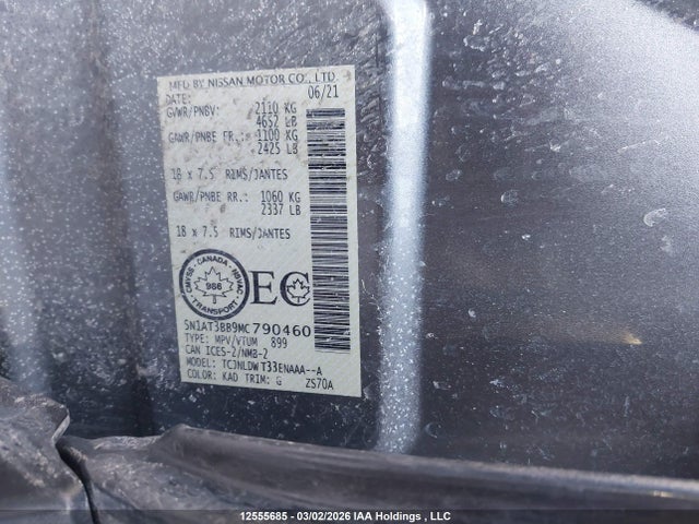 12555685 :رقم المزاد ، 5N1AT3BB9MC790460 vin ، 2021 Nissan Rogue مزاد بيع