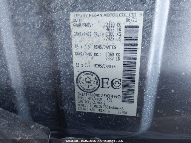 12555685 :رقم المزاد ، 5N1AT3BB9MC790460 vin ، 2021 Nissan Rogue مزاد بيع