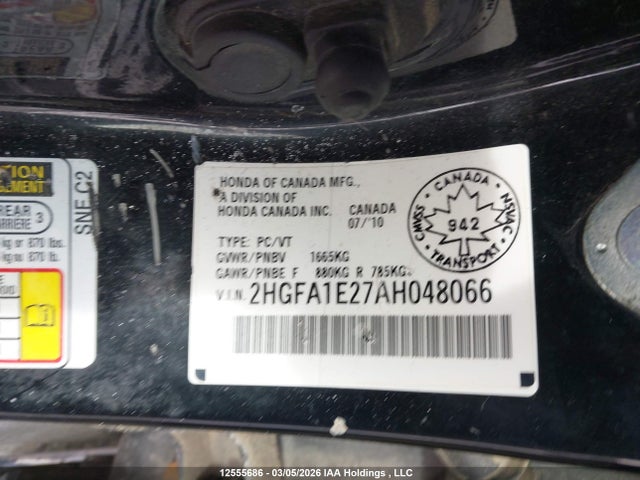 2010 Honda Civic Dx/dx-a მანქანა იყიდება აუქციონზე, vin: 2HGFA1E27AH048066, აუქციონის ნომერი: 12555686