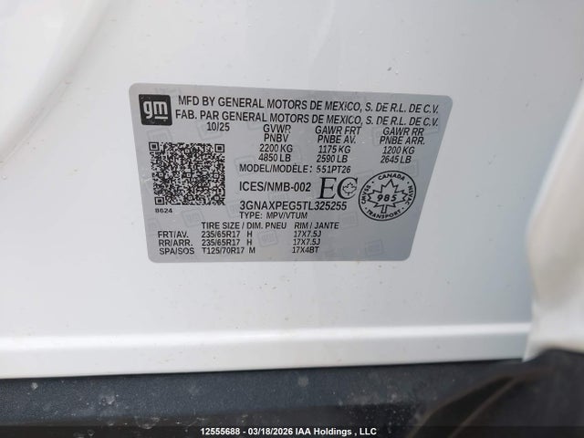 Продаж на аукціоні авто 2026 Chevrolet Equinox Lt Awd, vin: 3GNAXPEG5TL325255, номер лоту: 12555688