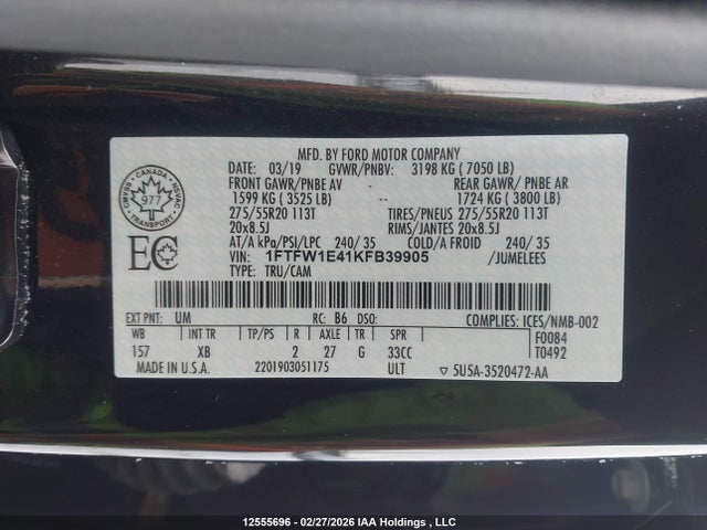 Aukcja sprzedaży 2019 Ford F150 Supercrew, vin: 1FTFW1E41KFB39905, numer aukcji: 12555696