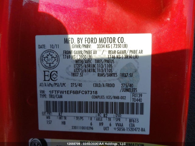 2011 Ford F150 Supercrew მანქანა იყიდება აუქციონზე, vin: 1FTFW1EF6BFC97318, აუქციონის ნომერი: 12555709
