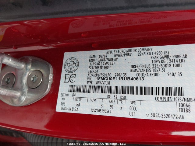 Продаж на аукціоні авто 2024 Ford Escape, vin: 1FMCU0E11RUB40613, номер лоту: 12555710