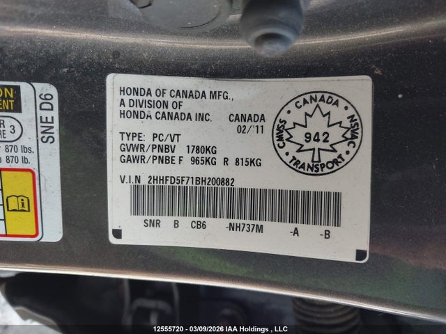 Aukcja sprzedaży 2011 Acura Csx Technology, vin: 2HHFD5F71BH200882, numer aukcji: 12555720