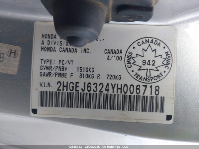 12555723 :رقم المزاد ، 2HGEJ6324YH006718 vin ، 2000 Honda Civic Cx مزاد بيع
