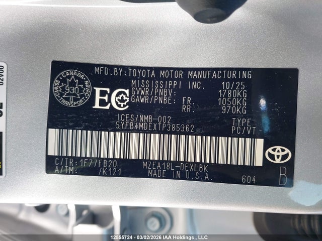 12555724 :رقم المزاد ، 5YFB4MDEXTP385362 vin ، 2026 Toyota Corolla Le Cvt مزاد بيع