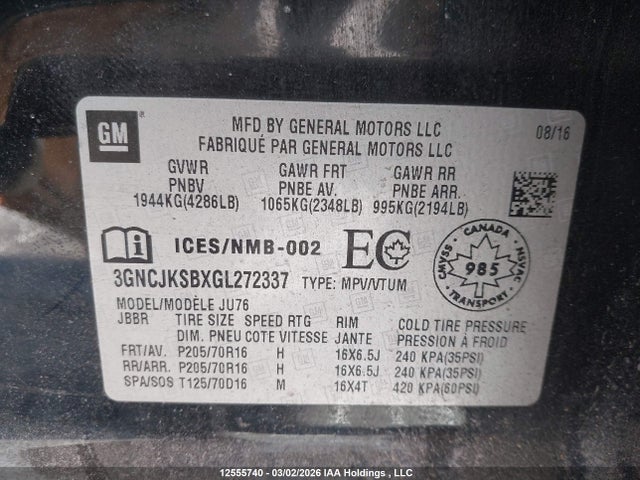 2016 Chevrolet Trax მანქანა იყიდება აუქციონზე, vin: 3GNCJKSBXGL272337, აუქციონის ნომერი: 12555740