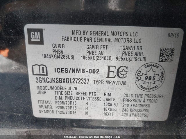 2016 Chevrolet Trax მანქანა იყიდება აუქციონზე, vin: 3GNCJKSBXGL272337, აუქციონის ნომერი: 12555740