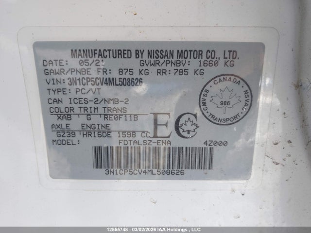 3N1CP5CV4ML508626 Nissan KICKS SV