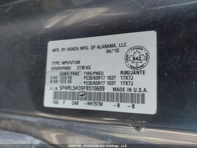 5FNRL5H39FB510609 Honda ODYSSEY SE