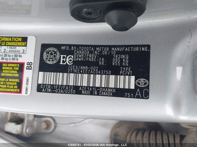 12555751 :رقم المزاد ، 2T1KE4EE7AC043750 vin ، 2010 Toyota Corolla Matrix S مزاد بيع