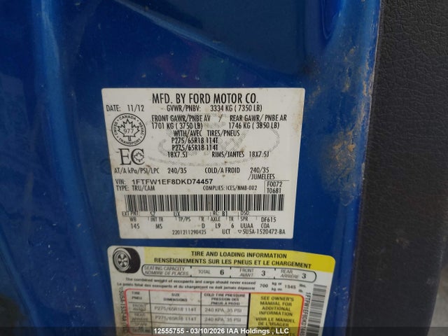 Auction sale of the 2013 Ford F-150 Xlt, vin: 1FTFW1EF8DKD74457, lot number: 12555755