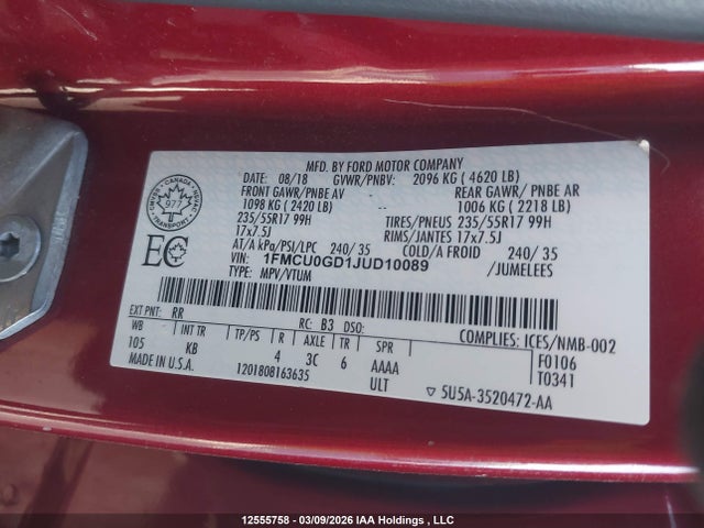 1FMCU0GD1JUD10089 Ford ESCAPE SE