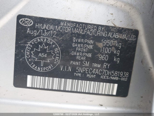 2013 Hyundai Sonata Limited მანქანა იყიდება აუქციონზე, vin: 5NPEC4AC7DH581938, აუქციონის ნომერი: 12555769