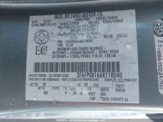Продажа на аукционе авто 2006 Ford Fusion Sel, vin: 3FAFP08166R118040, номер лота: 12555812