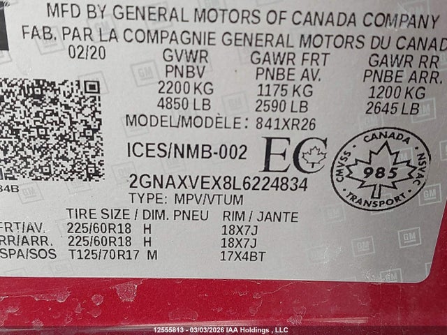 2GNAXVEX8L6224834 Chevrolet EQUINOX LT