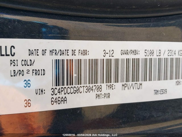 Aukcja sprzedaży 2012 Dodge Journey, vin: 3C4PDCCG0CT304708, numer aukcji: 12555816