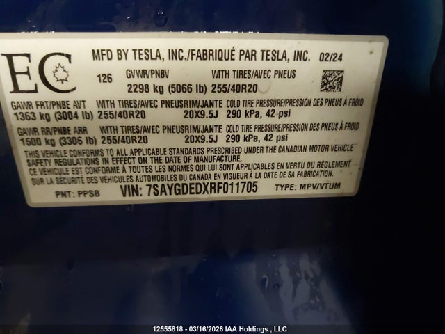 Aukcja sprzedaży 2024 Tesla Model Y, vin: 7SAYGDEDXRF011705, numer aukcji: 12555818