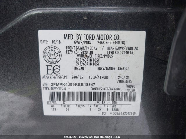 Продажа на аукционе авто 2019 Ford Edge Sel, vin: 2FMPK4J99KBB18347, номер лота: 12555820