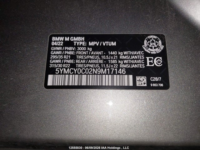 12555830 :رقم المزاد ، 5YMCY0C02N9M17146 vin ، 2022 Bmw X6 M/m Competition مزاد بيع