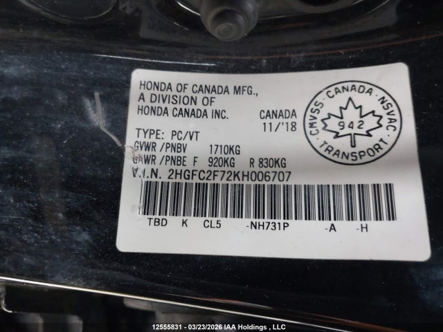 2HGFC2F72KH006707 Honda Civic Ex 4dr