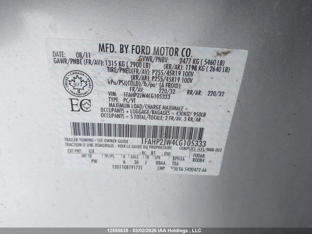 Продажа на аукционе авто 2012 Ford Taurus Limited, vin: 1FAHP2JW4CG105333, номер лота: 12555835