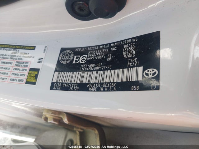 Aukcja sprzedaży 2022 Toyota Corolla Se, vin: 5YFB4MBE0NP127776, numer aukcji: 12555848