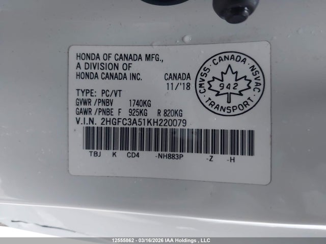12555862 :رقم المزاد ، 2HGFC3A51KH220079 vin ، 2019 Honda Civic Si Si مزاد بيع