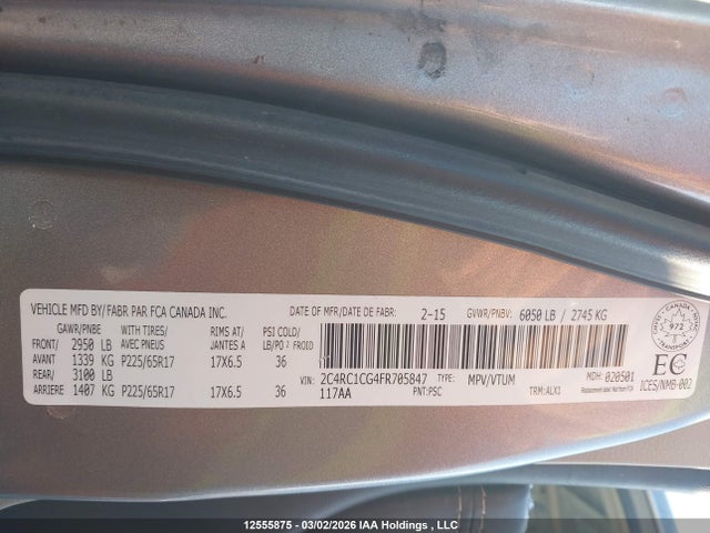 2015 Chrysler Town & Country Touring მანქანა იყიდება აუქციონზე, vin: 2C4RC1CG4FR705847, აუქციონის ნომერი: 12555875