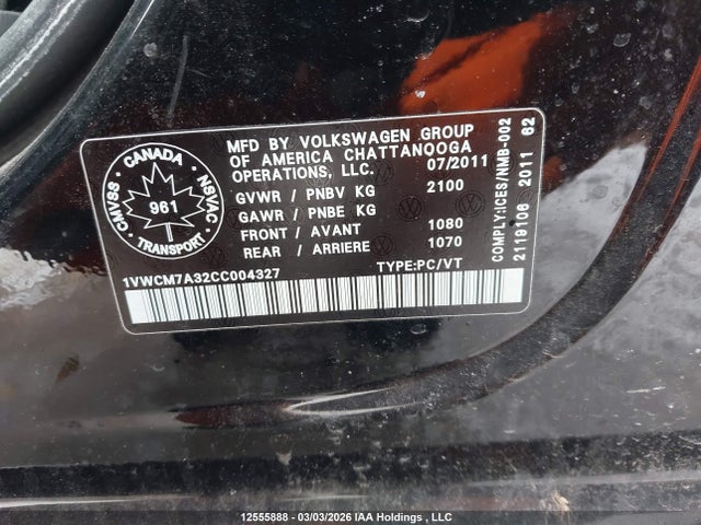 2012 Volkswagen Passat Sel მანქანა იყიდება აუქციონზე, vin: 1VWCM7A32CC004327, აუქციონის ნომერი: 12555888