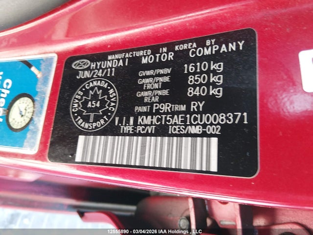12555890 :رقم المزاد ، KMHCT5AE1CU008371 vin ، 2012 Hyundai Accent Gls/gs مزاد بيع
