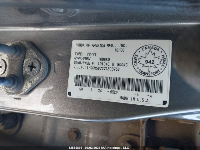 Aukcja sprzedaży 2007 Honda Accord Ex-l/se, vin: 1HGCM56727A803756, numer aukcji: 12555895