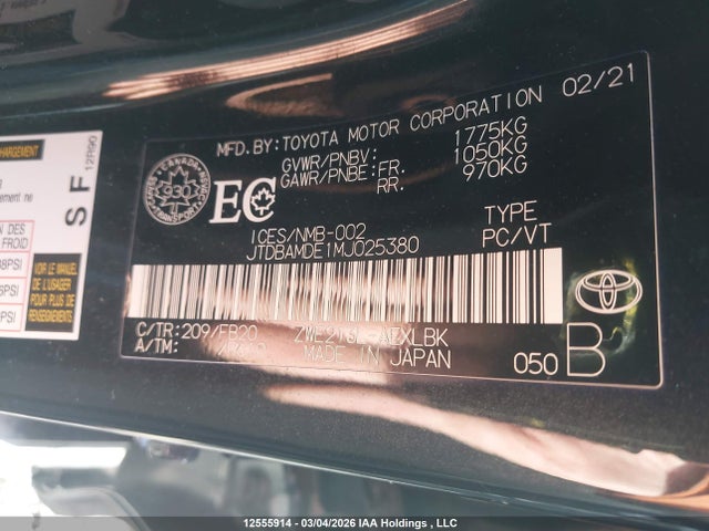 JTDBAMDE1MJ025380 Toyota Corolla Hybrid Base W/li Battery