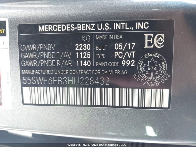 Продажа на аукционе авто 2017 Mercedes-benz Amg C 43 4matic, vin: 55SWF6EB3HU228432, номер лота: 12555915