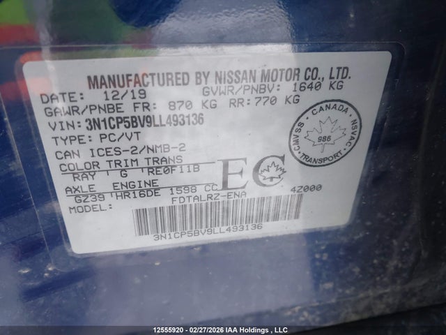 Продажа на аукционе авто 2020 Nissan Kicks, vin: 3N1CP5BV9LL493136, номер лота: 12555920