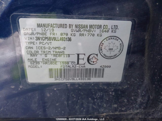 Продажа на аукционе авто 2020 Nissan Kicks, vin: 3N1CP5BV9LL493136, номер лота: 12555920