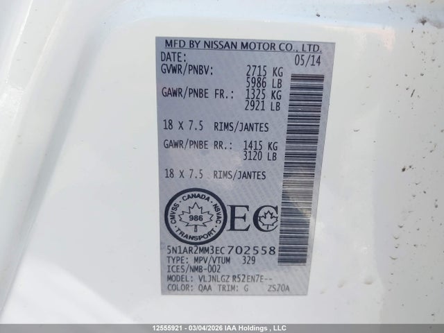 Aukcja sprzedaży 2014 Nissan Pathfinder S/sv/sl/platinum, vin: 5N1AR2MM3EC702558, numer aukcji: 12555921