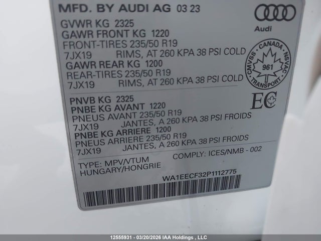 Aukcja sprzedaży 2023 Audi Q3 Premium Plus S Line 45, vin: WA1EECF32P1112775, numer aukcji: 12555931