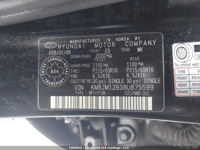 12555932 :رقم المزاد ، KM8JM12B38U875599 vin ، 2008 Hyundai Tucson Gls مزاد بيع