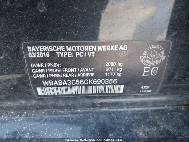 12555933 :رقم المزاد ، WBA8A3C56GK690356 vin ، 2016 Bmw 320i Xdrive مزاد بيع