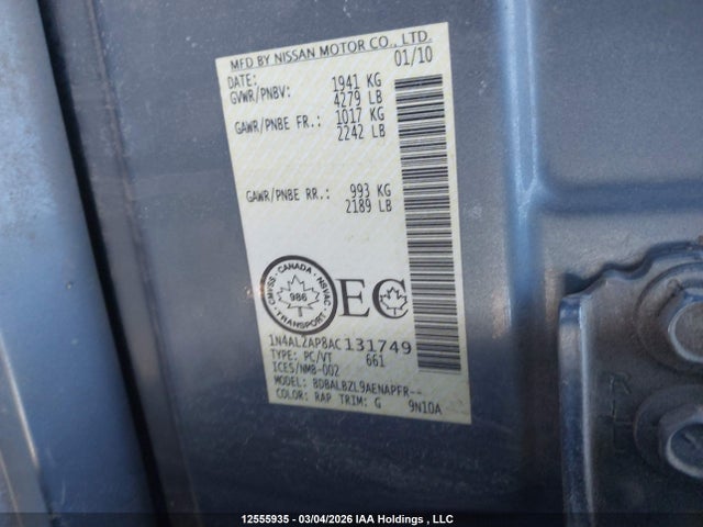 Aukcja sprzedaży 2010 Nissan Altima S, vin: 1N4AL2AP8AC131749, numer aukcji: 12555935