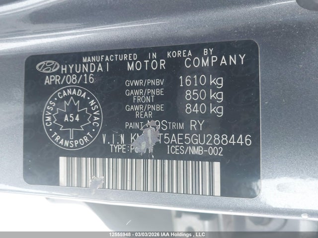 12555948 :رقم المزاد ، KMHCT5AE5GU288446 vin ، 2016 Hyundai Accent Gl مزاد بيع