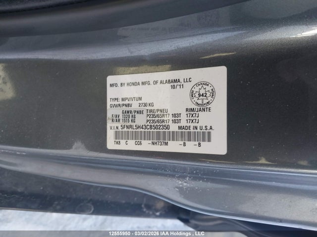Aukcja sprzedaży 2012 Honda Odyssey Ex, vin: 5FNRL5H43CB502350, numer aukcji: 12555950