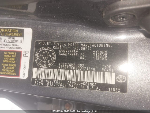 Aukcja sprzedaży 2012 Toyota Camry Le, vin: 4T1BF1FK9CU174518, numer aukcji: 12555955
