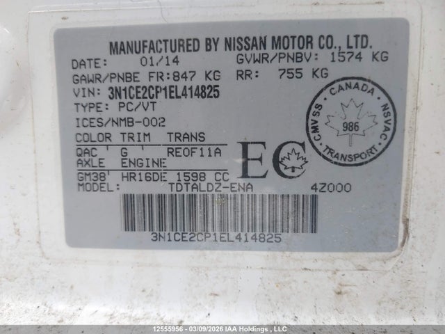 Продажа на аукционе авто 2014 Nissan Versa, vin: 3N1CE2CP1EL414825, номер лота: 12555956