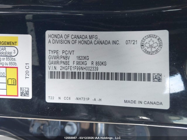 2HGFE1F99NH002339 Honda Civic Touring