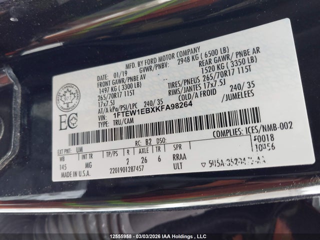 Auction sale of the 2019 Ford F-150 Xlt, vin: 1FTEW1EBXKFA98264, lot number: 12555958