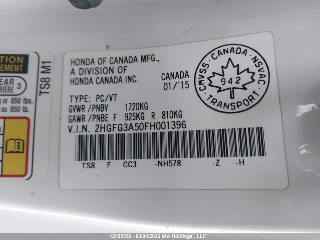 Honda CIVIC EX 2015 2HGFG3A50FH001396 Image 9
