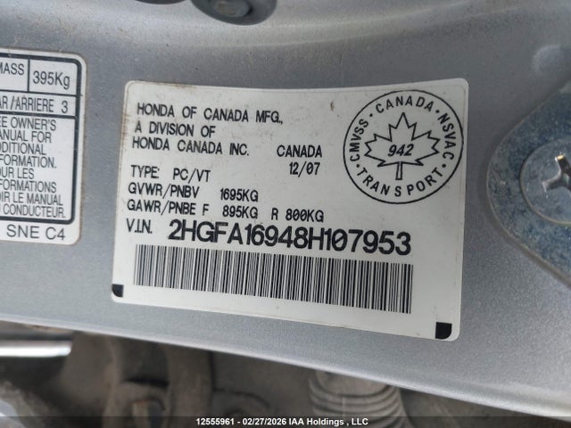 12555961 :رقم المزاد ، 2HGFA16948H107953 vin ، 2008 Honda Civic Exl مزاد بيع